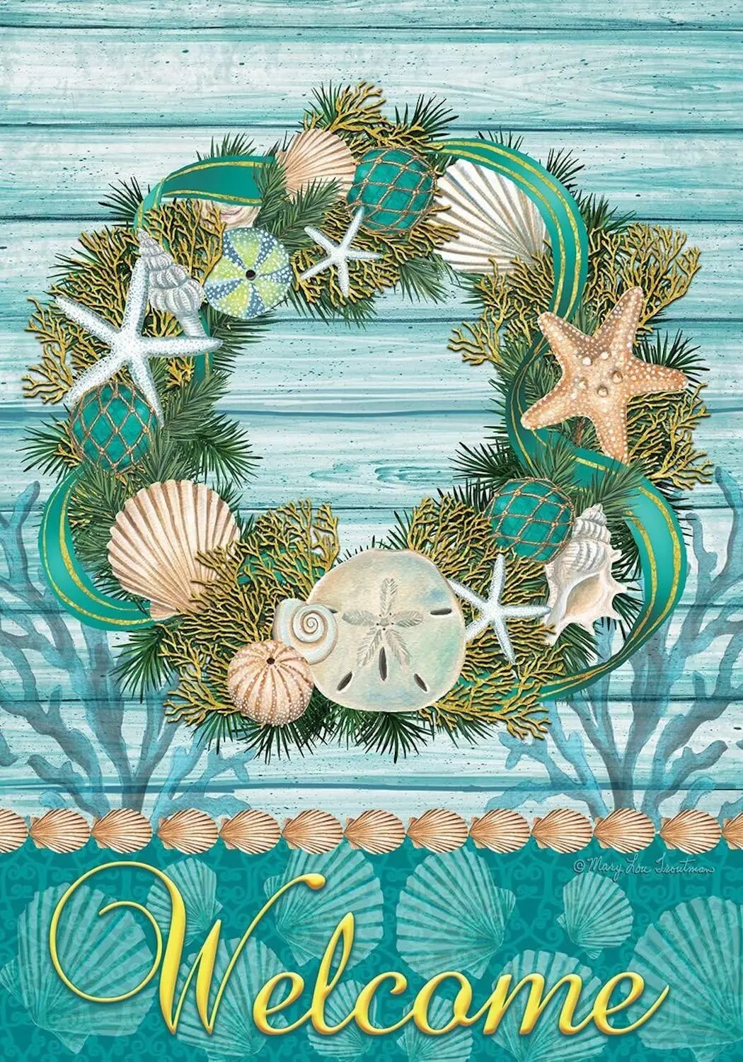 Coastal Wreath Summer Garden Flag Welcome Nautical Shells 12x18in