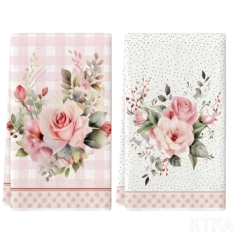 2-Piece floral kitchen towel - super soft, quick-drying and absorbent, pink rose and green leaf design
