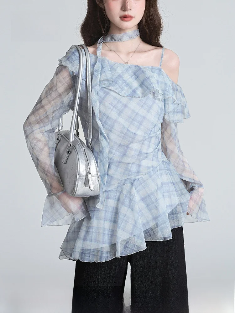 

Spring Autumn Blue Uneven Hem Chiffon Plaid Tulle oulder Bared Women's Design Sun Protection irt Loose Fit Long Sve V-...