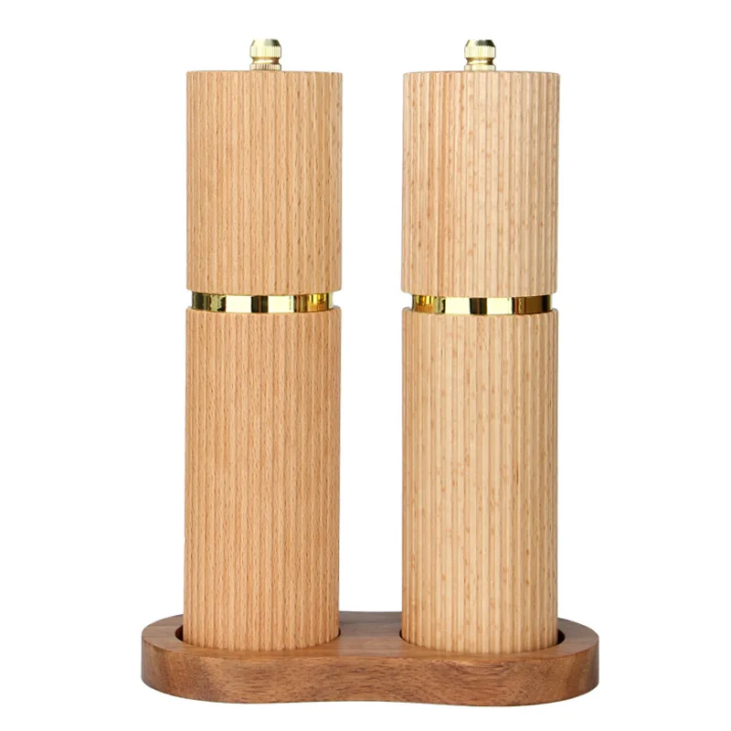 

2 wooden salt and pepper grinders with tray ceramic grinding cores, manually adjustable thickness