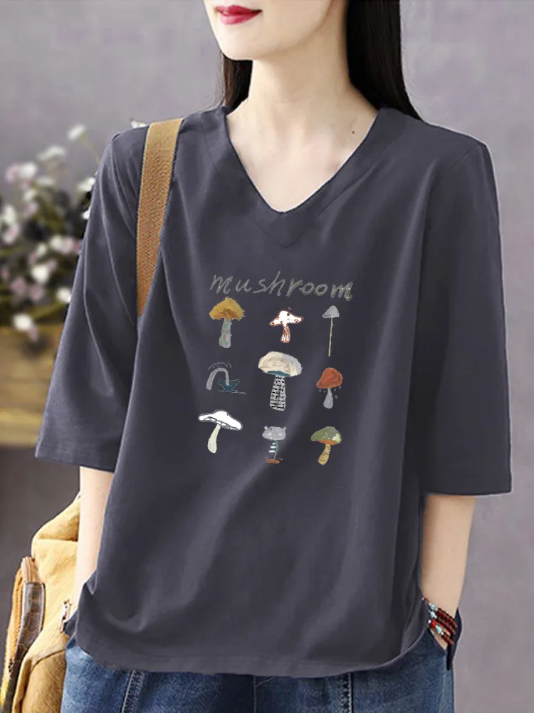 

100% Pure Cotton V-Neck 3/4 Sleeve Large Size Women's Top Fashionable Grey Inner Wear Spring Autumn New Style Literary Style ...