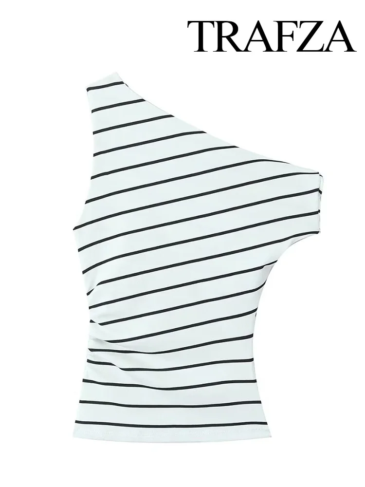 TRAFZA Summer New Tank Top For Women Fashion White Stripe Sleeveles Slim Cropped Tops Female Folds Versatile Top 3 Color TRAF