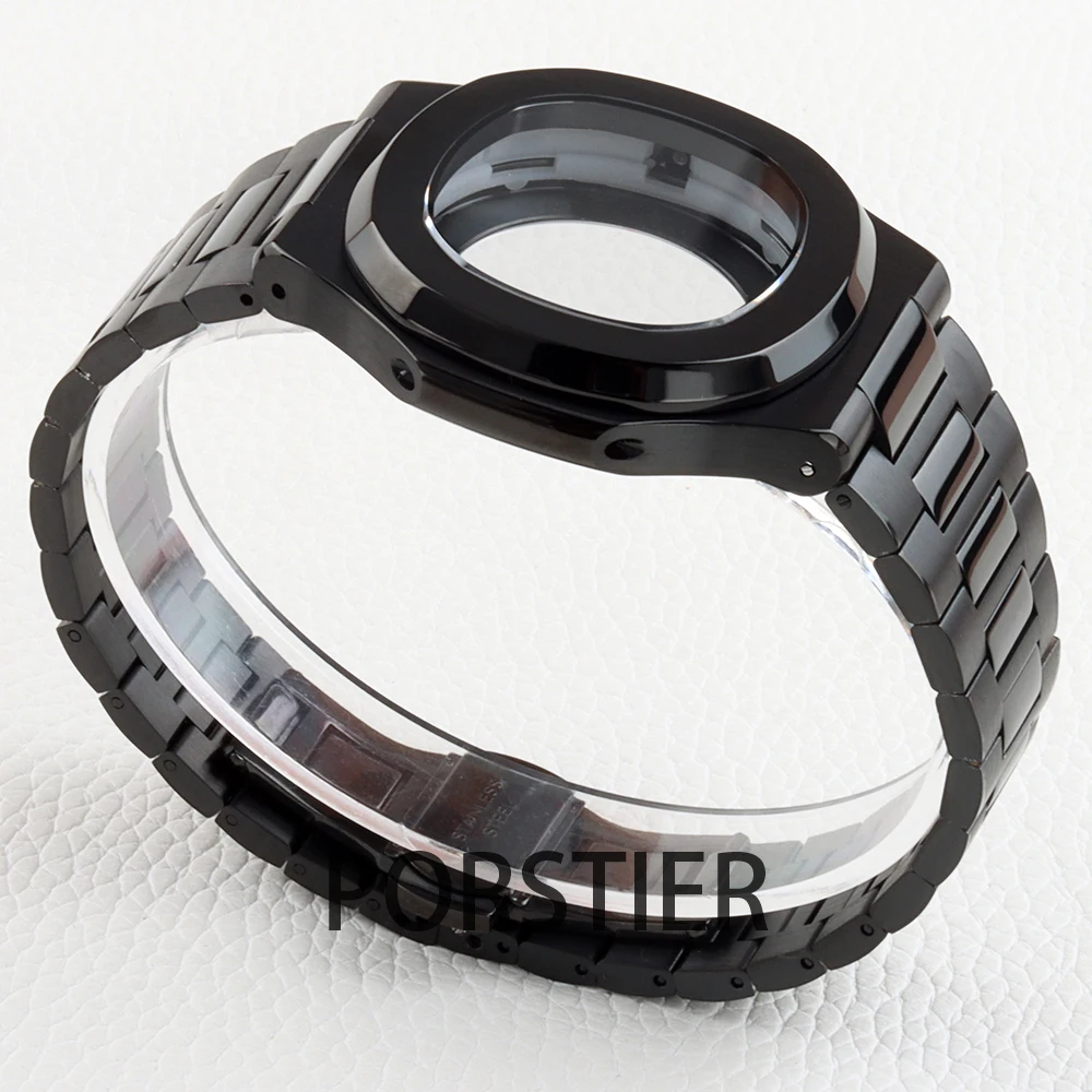 Black PVD 40mm Watch Case Parts WatchBand For Modified Nautilus Seiko NH34 NH35 NH36 NH38 Movement 30.5mm Sapphire Crystal Glass