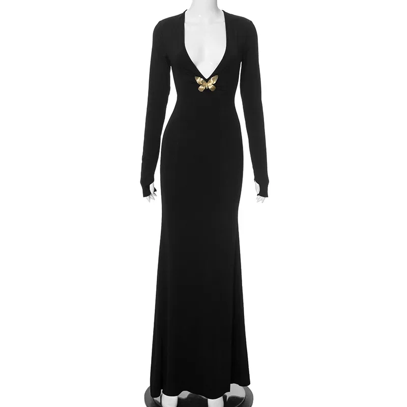 Vestido de fiesta de mariposa con cuello en V para mujer, traje Sexy, Maxi, negro, Y2K, otoño, invierno, manga larga, Bodycon, vestidos de noche