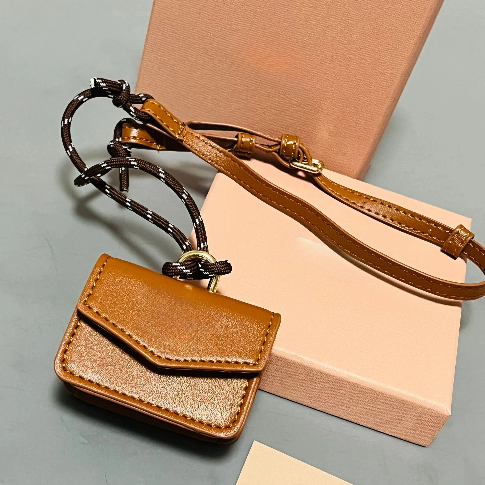 Hand Woven Leather Chain Bracelet Hanging Decoration Flip Style Headphone Bag, Mini Wallet Accessory Hanging Decoration