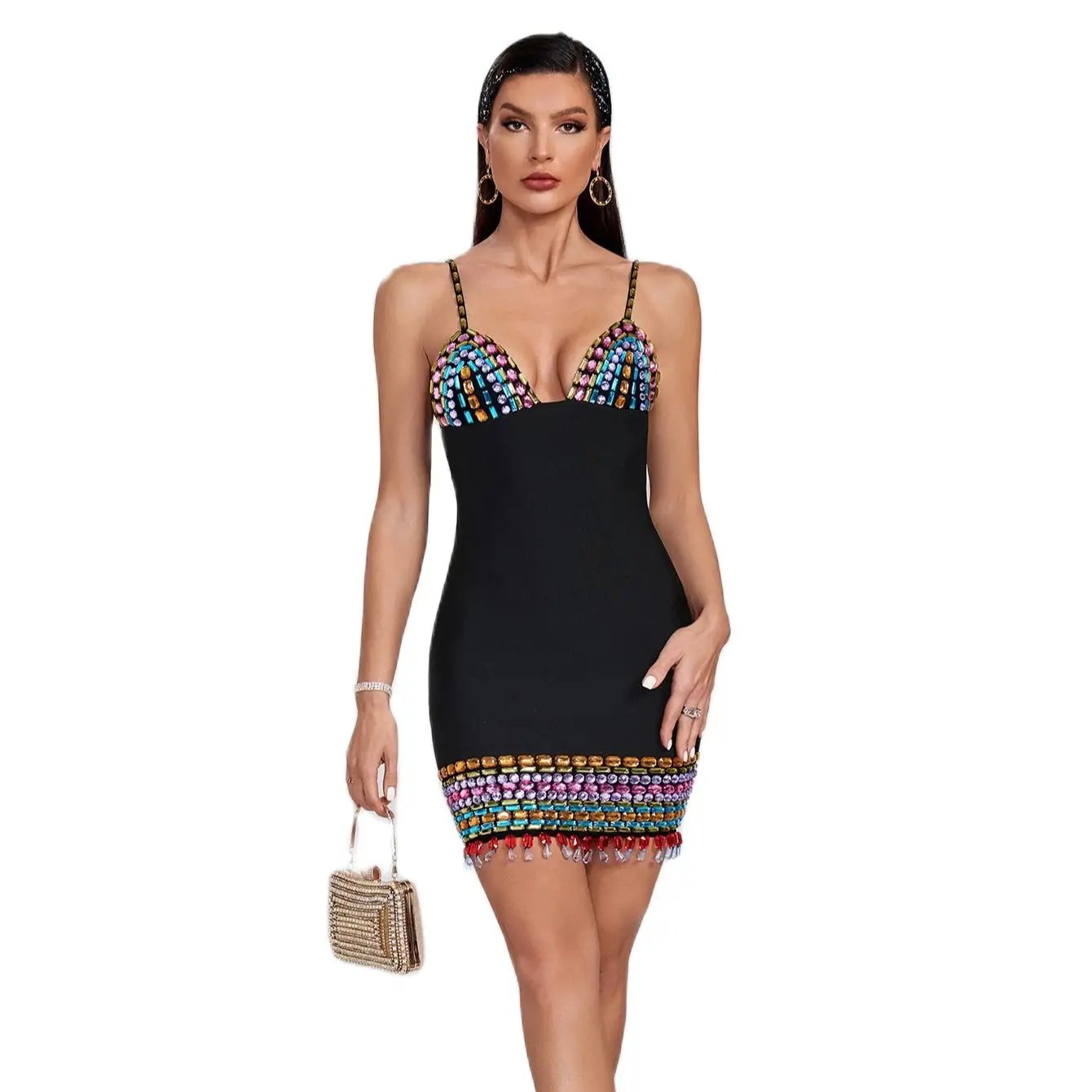 New Fashion Multicolor Embroidered Diamonds Short Skirt Sexy Deep V-Neck Backless Bandage Dress For Women Chic Club Party Wear