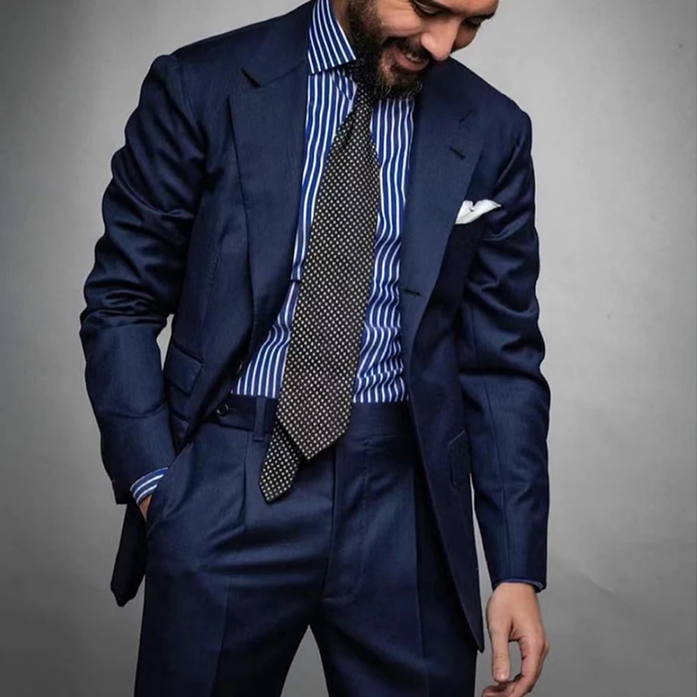 New Fashion Men Suits Navy Blue Notched Lapel Smart Casual Outfits Formal Fashion Costume Homme Slim 2 Piece Set Jacket Pants