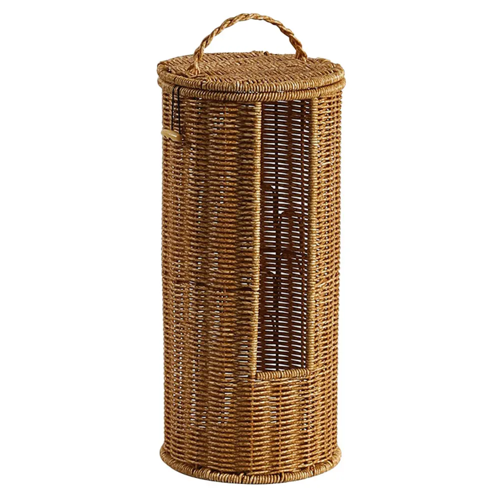 

Elegant Imitation Rattan Storage Basket with Lid Round Plastic Organizer for Bathroom Bedroom Hotel Use Space Saving