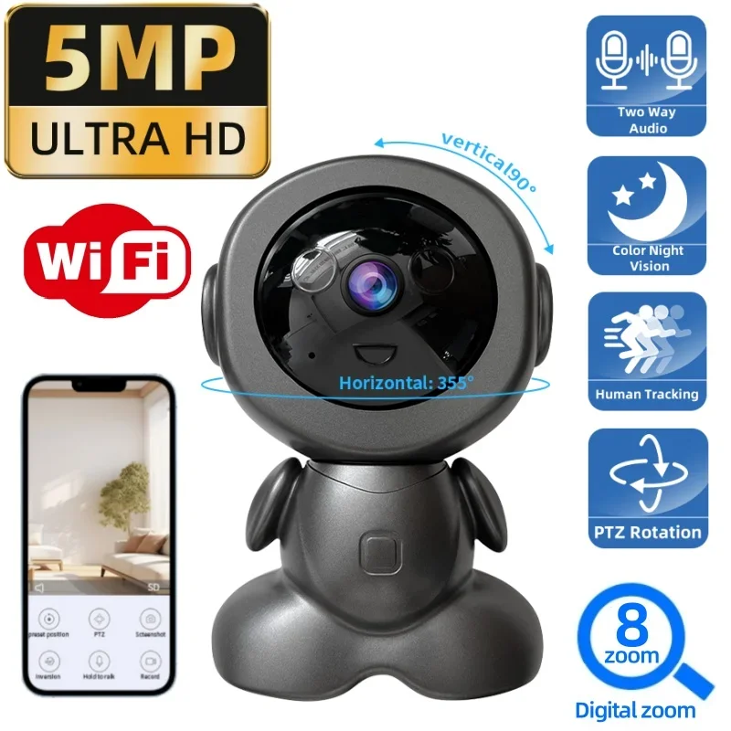 5MP Wifi Surveillance IP Camera 8X Zoom Smart Robot Monitor Motion Tracking Auto Accuiatey Alarm PTZ Security CCTV Home Baby Cam