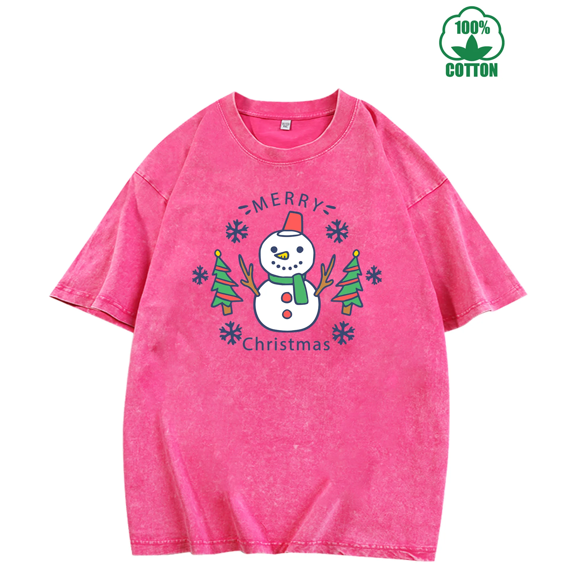 

Merry Christmas Cute Snowman Graphic Print Vintage Washed T-Shirt 230g 100% Cotton Unisex Comfortable Oversized Streetwear