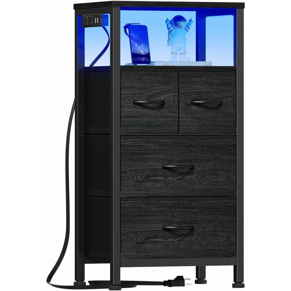 

Tall Night Stand with Charging Station and Led Light, Small Dresser with Open Shelf and 4 Storage Drawers, Black Side Table Fab