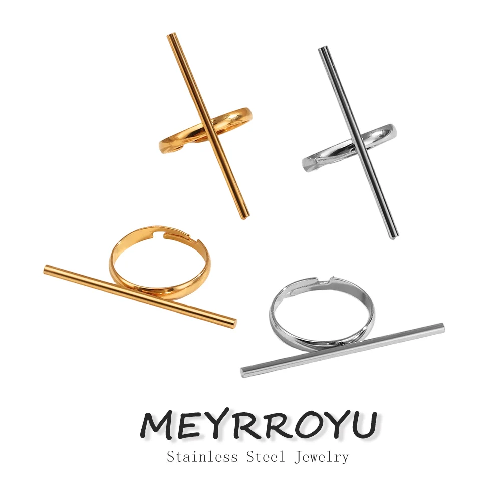 MEYRROYU 316L ステンレス鋼ゴールデンシンプルラインパーソナライズされたヒップホップオープニング調節可能なリングレディトレンドリングジュエリーグラマラス 1