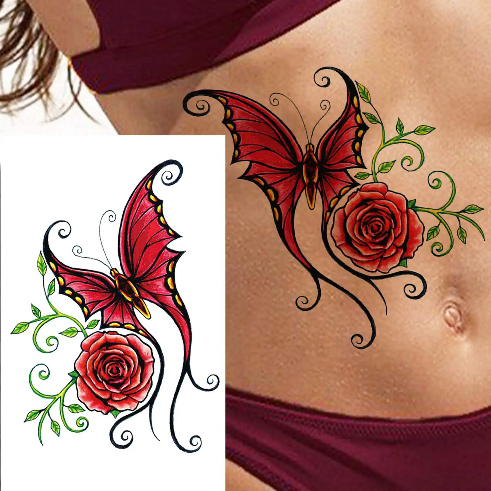 1 ورقة مثير فراشة البرقوق الوردي الوشم المؤقت للنساء الفتيات المائية وهمية زهرة الوشم كم للماء الديكور #6