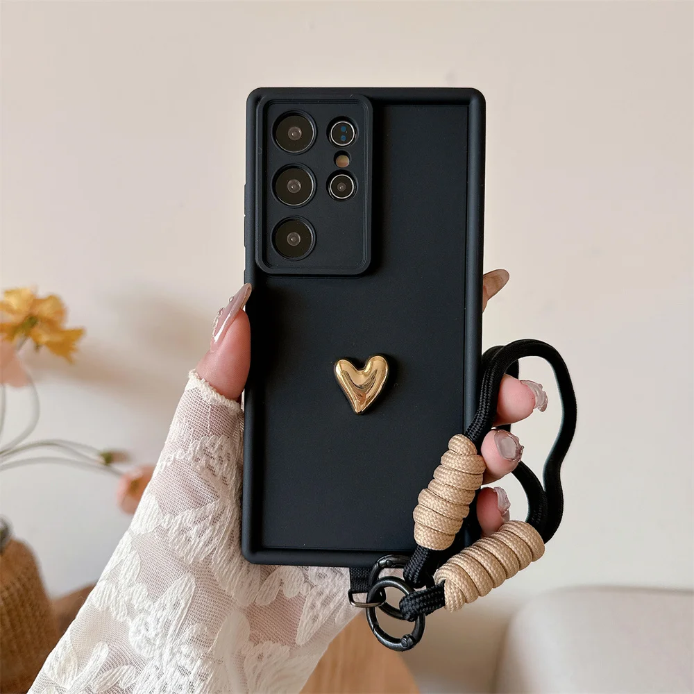 3d ouro coração amor pulseira caso para samsung galaxy s25 ultra s23 s22 plus s24 s21 fe nota 20 a56 a55 a36 a35 a26 a16 a15 5g