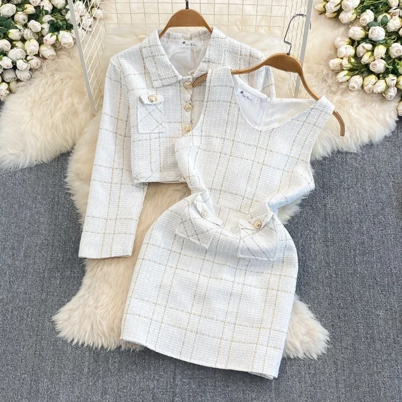 Early Autumn Y2K High-quality Cotton Two-piece Set for Women\'s Small Fragrant Style Jacket Waist Cinching Vest Hip Hugging Dress