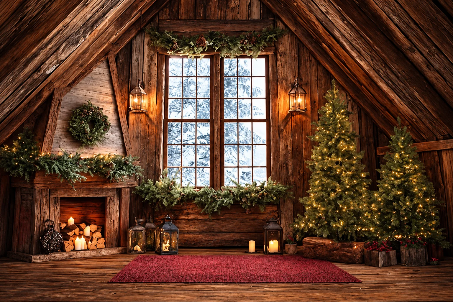 Rustic Christmas Cabin Backdrop Wooden House Window Fireplace Trees Holiday Photography Background for Winter Party Decor