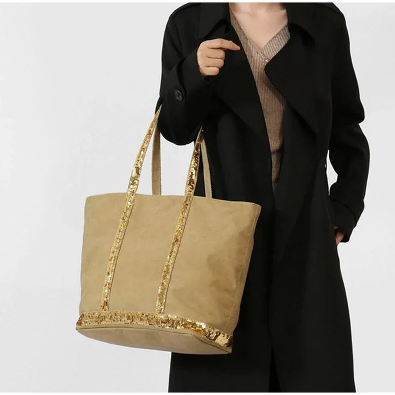 Pailletten-Canvas-Einkaufstasche mit Reißverschluss, große Kapazität, Vintage-Kontrastfarbe, Damen-Umhängetasche, Designer-Pendler-Alltagshandtasche, Schwarz – Detail 13