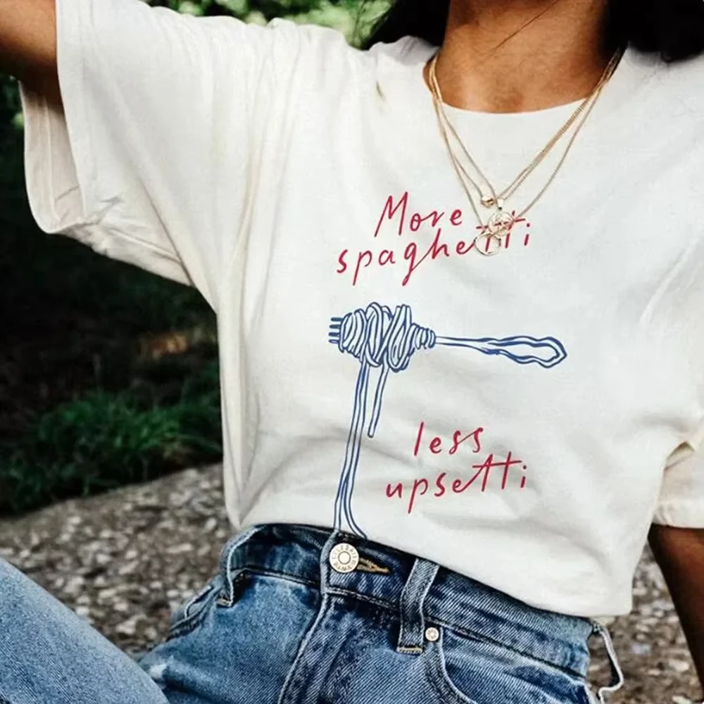 

More Spaghetti Less Upsetti Funny Graphic Tees Unisex Women Short Sleeve Tops Summer Printing Casual Tees Women Clothing 2025