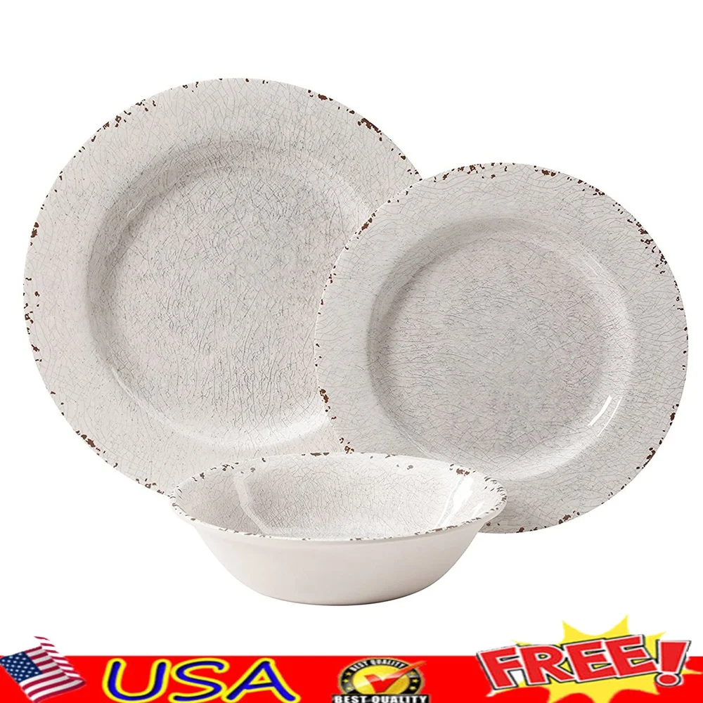 

12 Pieces Melamine Dinnerware Set Dishwasher Safe Durable Ice White Dinner Plates Salad Bowls Elegant Table Setting Everyday Use
