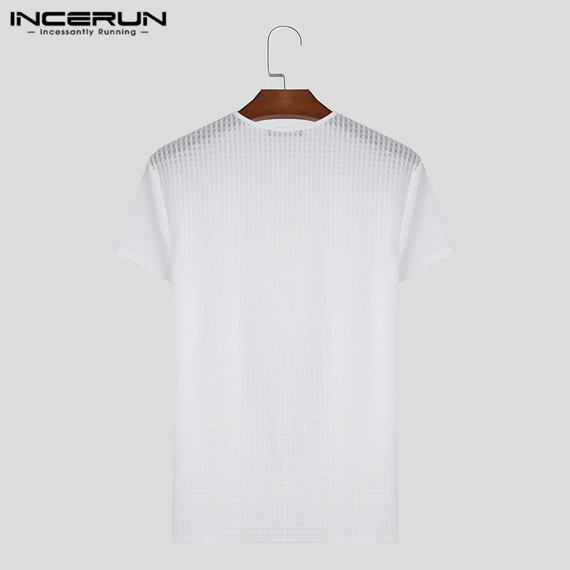 2024 Men\'s T Shirt Plaid V Neck Short Sleeve Casual Tee Tops Men Streetwear Fitness Transparent Fashion Camisetas S-5XL INCERUN