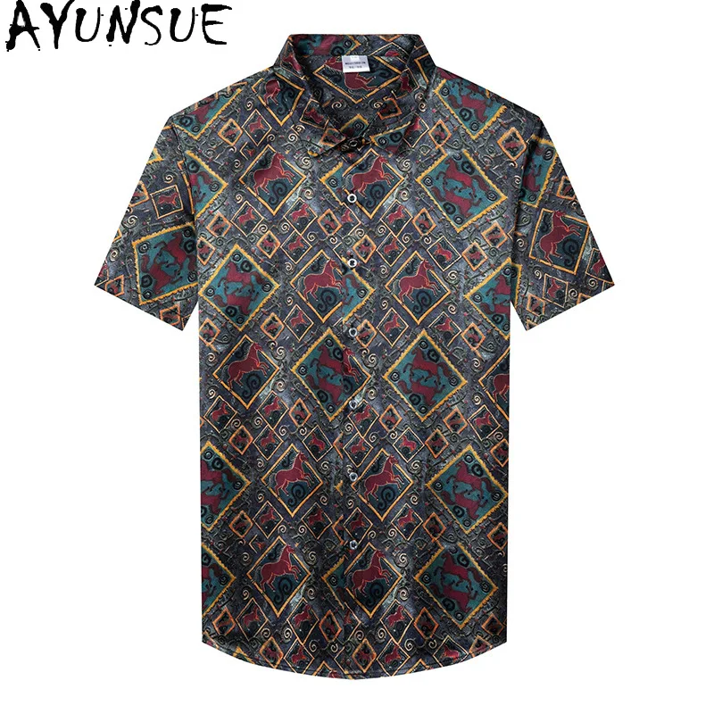 

AYUNSUE 92.5%Natural Mulberry Silk Men Shirt 2026 Summer Top Fashion Printed Short Sleeve Shirt Thin Lapel Man Shirts Streetwear