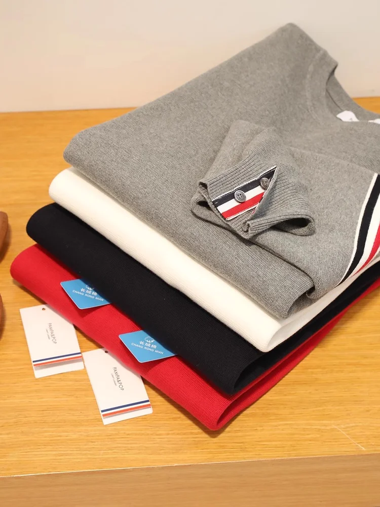 

High-End Men's Pure Cotton Knitted Base irt Spring Autumn New Year Layering Trendy Red Sweater Casual Loose Fit American Sle