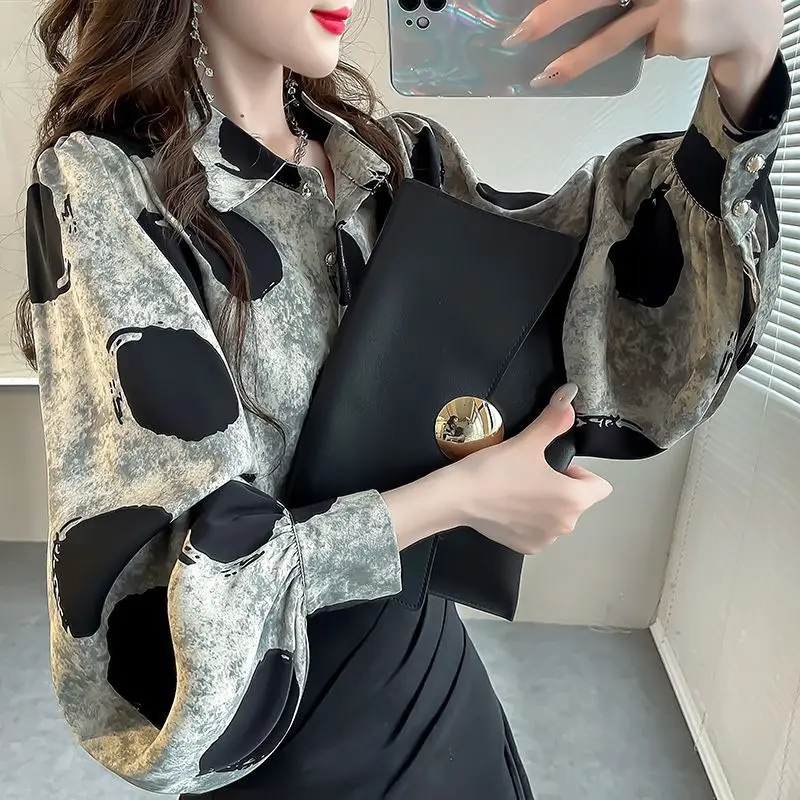 Office Lady Polka Dot Printed Blouse Women\'s Clothing Single-breasted Spring Autumn Lantern Sleeve Turn-down Collar Loose Shirt