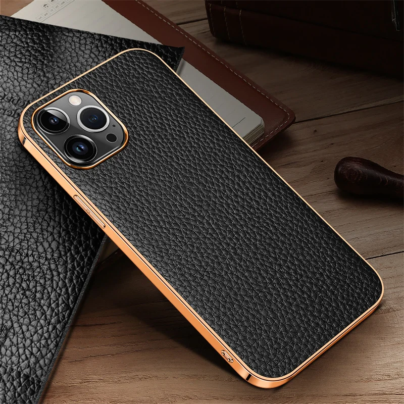 Luxury Genuine Leather Phone Case For 16 15 14 13 12 11 Pro Max Plus XR XS Max 12 13 Mini Plating Frame Shockpoof Cowhide Cover