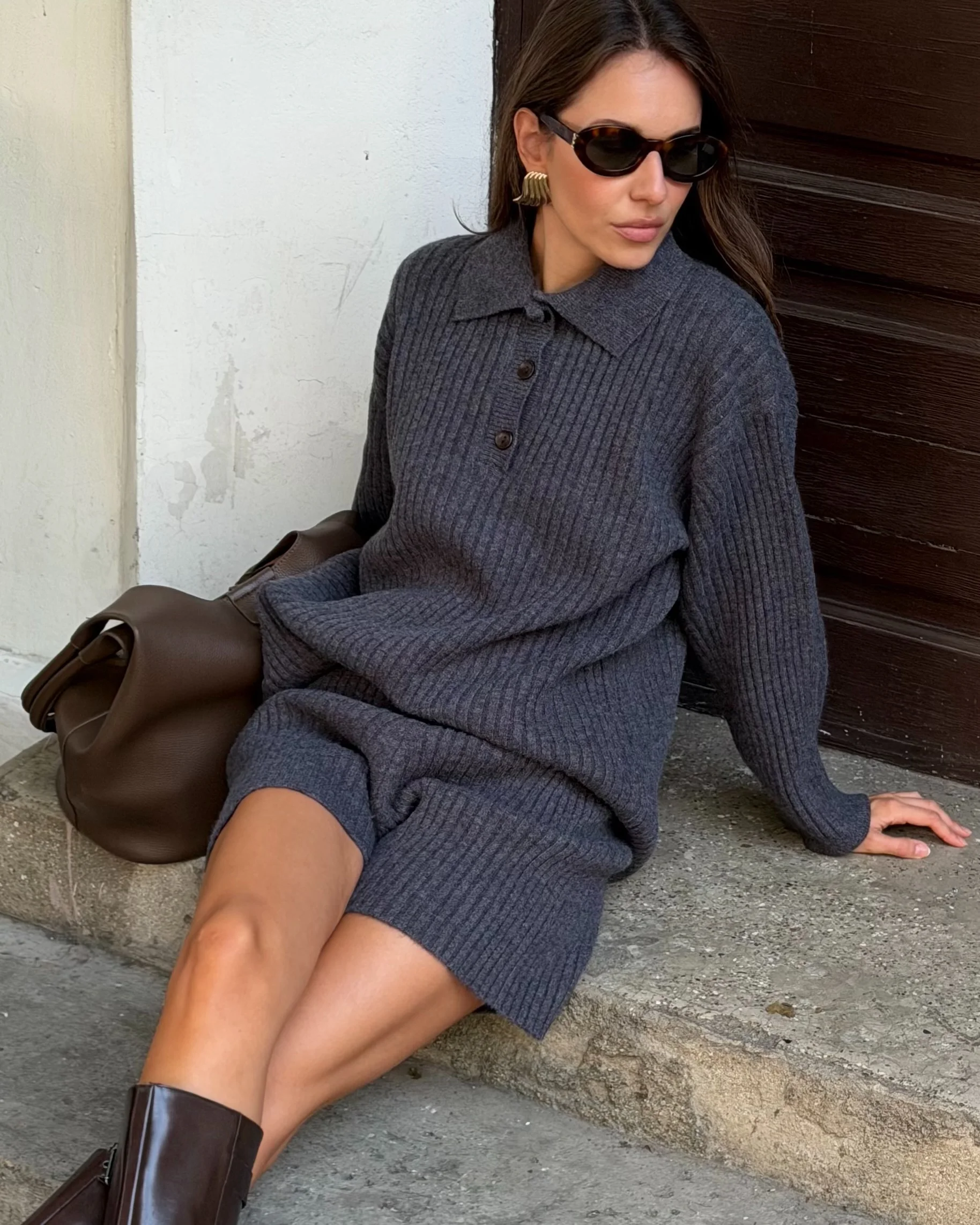 Women Solid Ribbed Knit Matching Set Button Polo Collar Long Sleeve Sweater Elastic Waist Shorts Loose Fit Street Casual Outfits