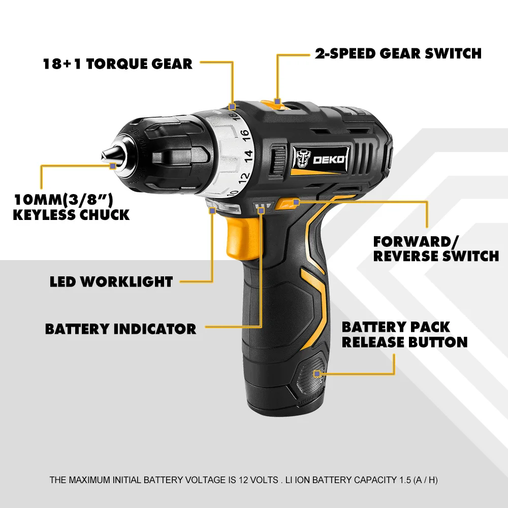 GCD12DU3 MAX IMPACT DRILL สว่านไร้สายสว่านไขควงไฟฟ้า1.5AH DC LITHIUM-ION แบตเตอรี่เครื่องมือ PERFORATOR DEKO