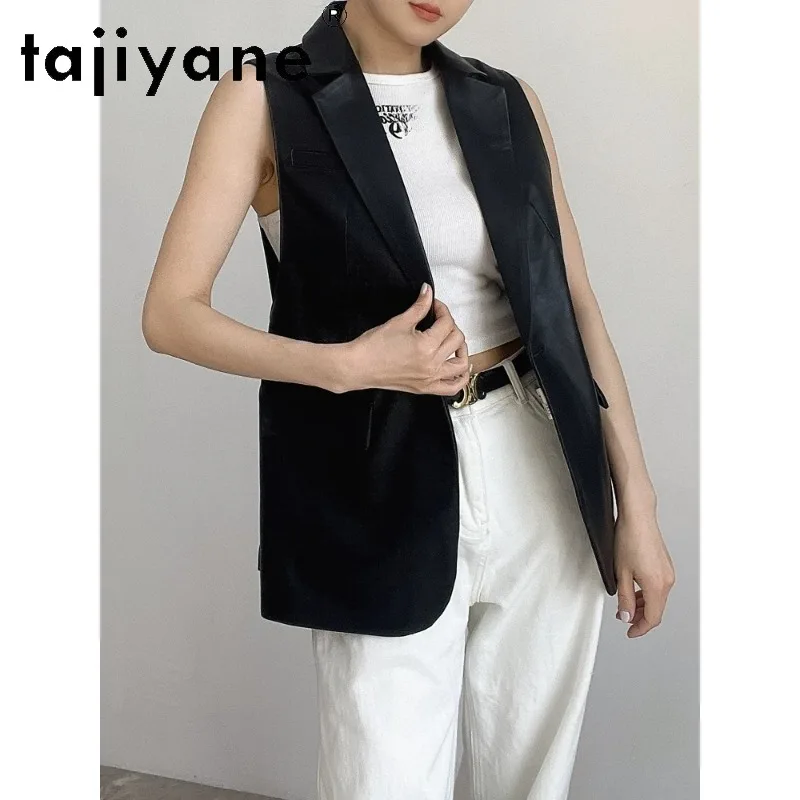 TAJIYANE Sheepskin Real Leather Jacket Women Mid-length Blazers Coat Sleeveless Jackets for Woman Veste Femme One Button Jaqueta