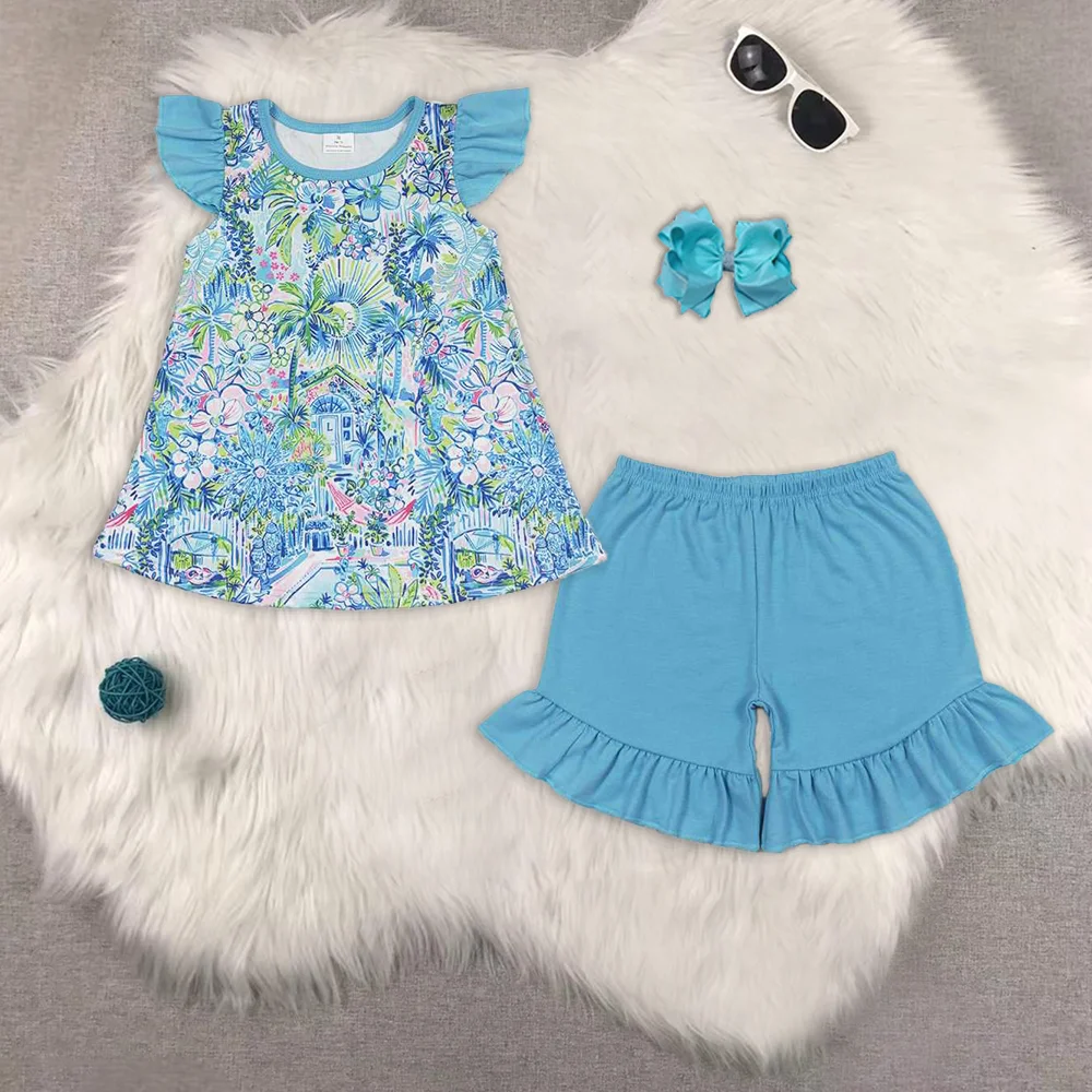 

Baby Girls Blue Pink Flowers Flutter Sleeve Tunic Tops