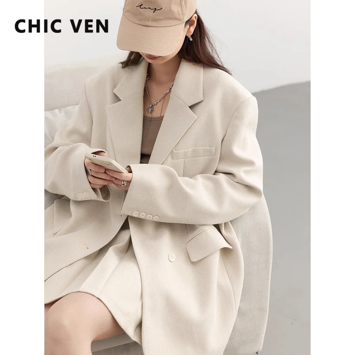 CHIC VEN Women Blazer Solid Single Breasted New Loose Casual Coat Female Pleats Short Skirt Ladies Clothing Spring Autumn 2024