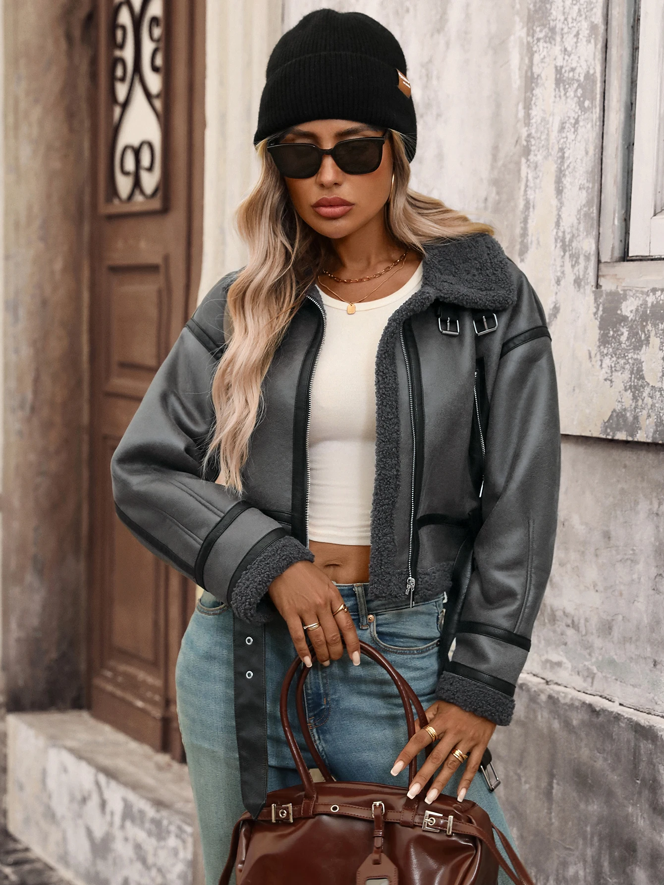 الشتاء النساء فو لامب الفراء سترة قصيرة التلبيب سستة منفذها معطف الطيار