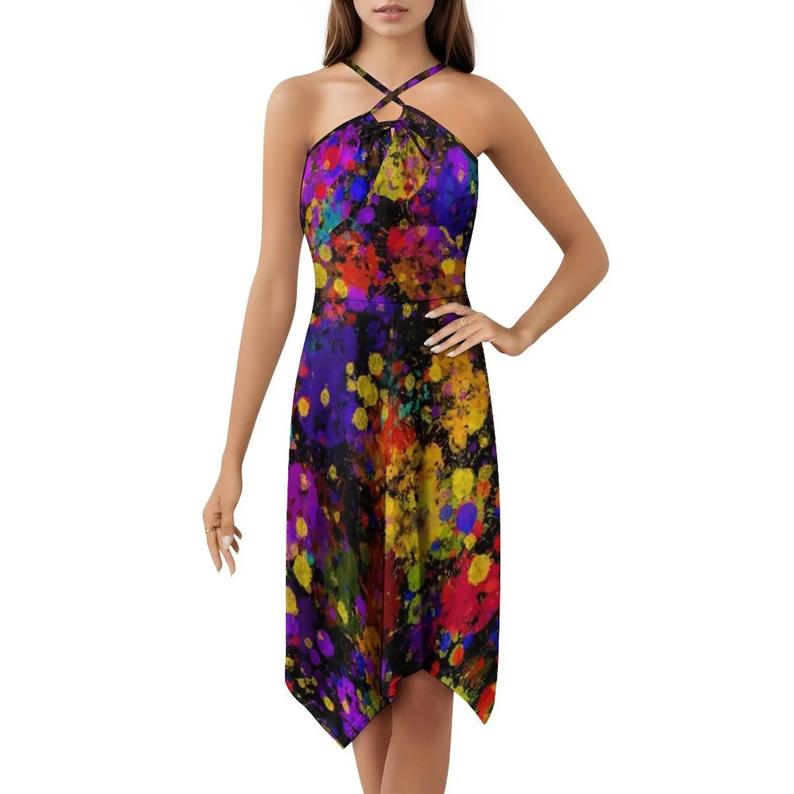 رذاذ طلاء قوس قزح 1 [أسود] فستان عطلة مثير للنساء فستان قصير لحفلات الشاطئ وأعياد الميلاد أحمر برتقالي أصفر أخضر أزرق