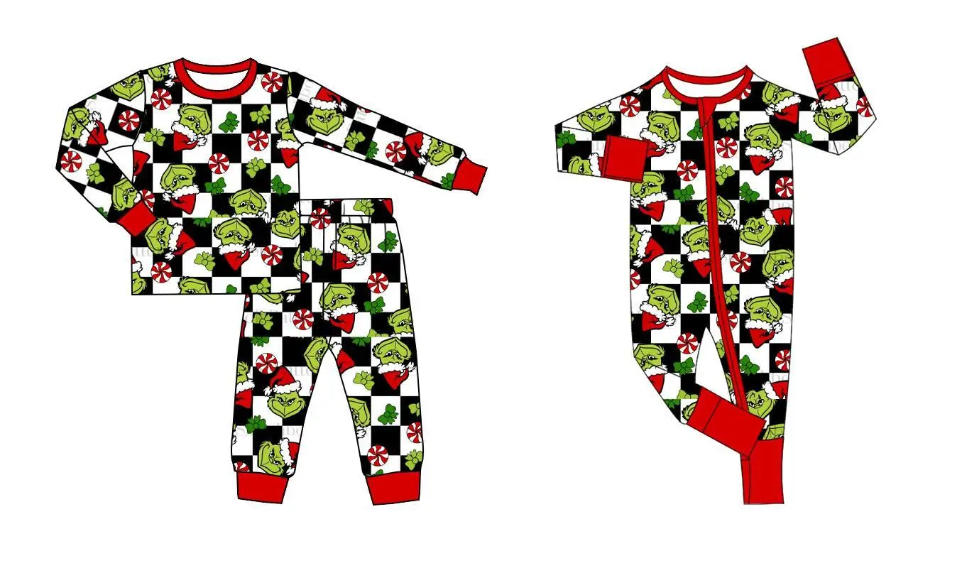 Christmas boutique children\'s suit long-sleeved plaid candy print trousers boys and girls pajamas suit baby zipper jumpsuit