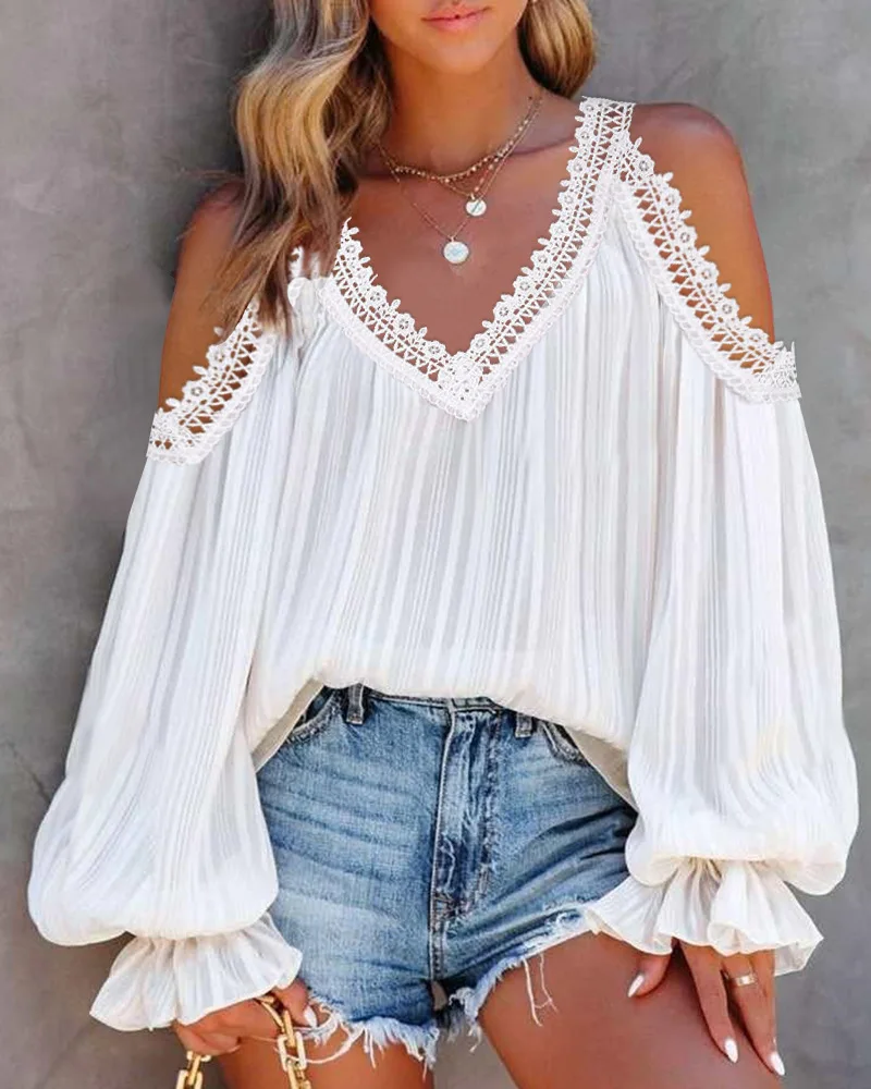 

Faionable Lace Splice off oulder Top Women's Lantern Sve Polyester Summer Trendy Chic Fem Clothing