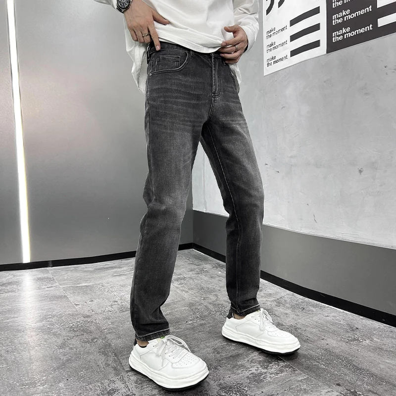 Jeans skinny coreano slim fit masculino, roupas elásticas, preto cinza, high-end, tendência de rua, primavera e verão, 2024