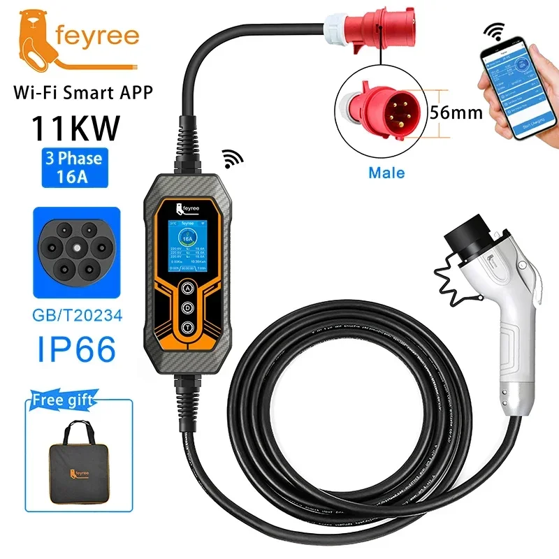 feyree GB/T Portable EV Charger 32A 7KW 1Phase APP Bluetooth Version EVSE 11KW 16A 3Phase Cable 5m CEE Plug for Electric Vehicle