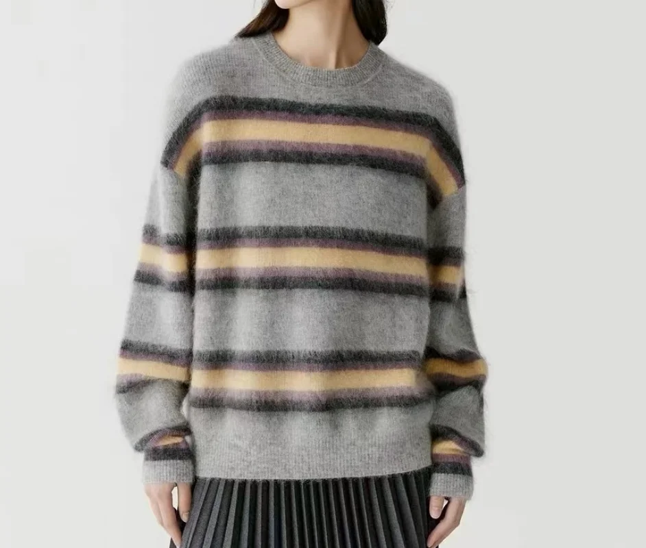 Fenggejiwo vintage sweater with contrasting stripes, round neck long sleeved mohair striped knit sweater