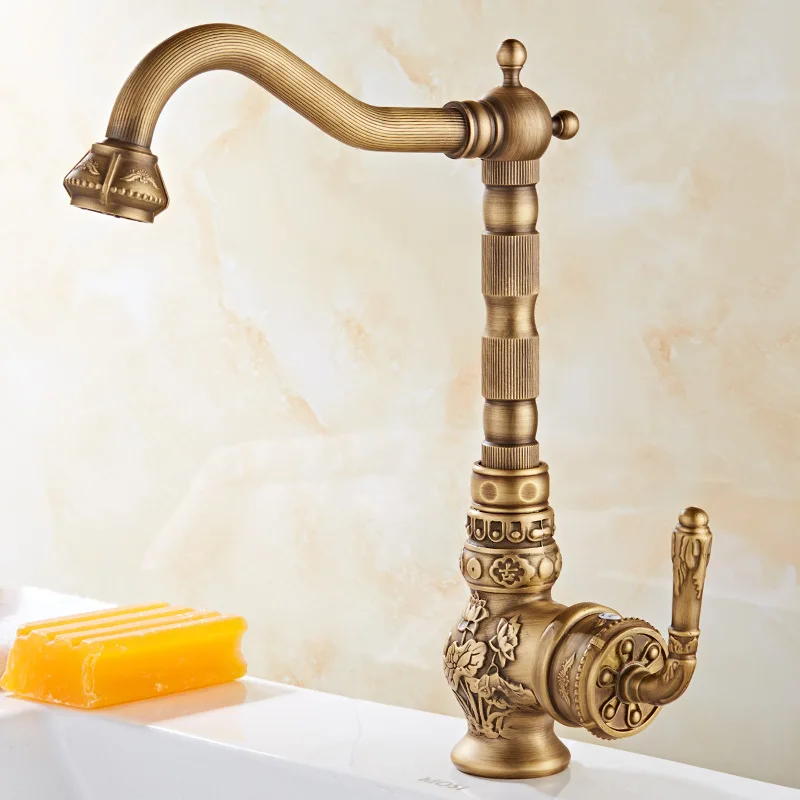 

1PC Brass Antique Retro Engraving Bathroom Sink Mixed Faucet Single Hand Washing Basin Hot And Cold Tap