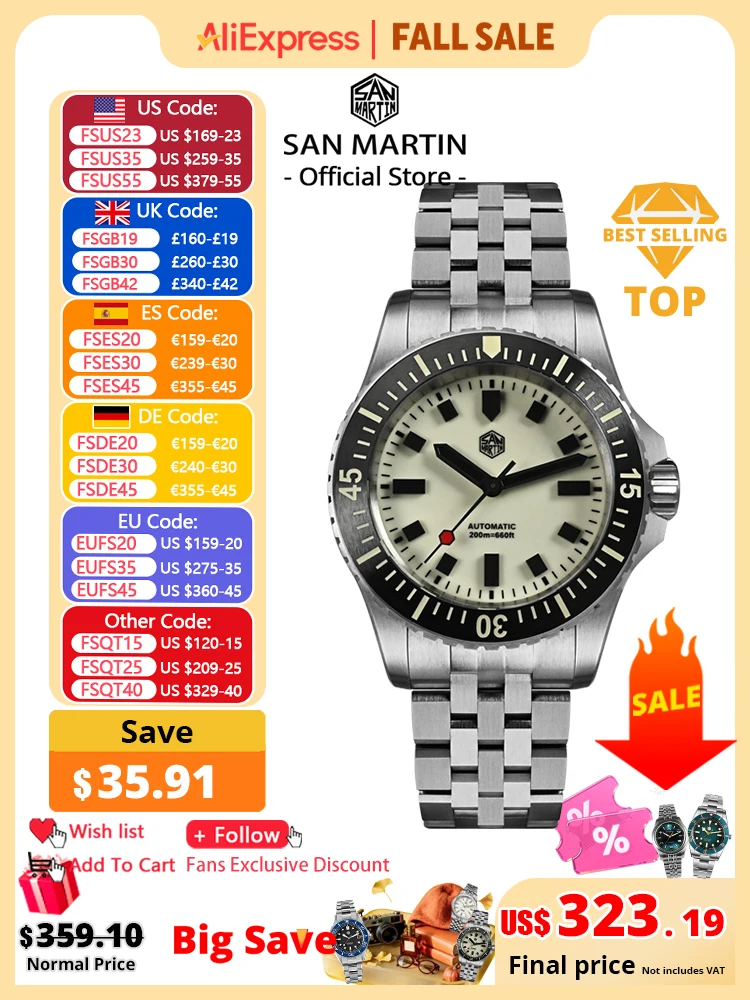 San Martin 1200HV Herren-Taucheruhr mit gehärteter Beschichtung, voll leuchtendes Zifferblatt, leuchtende Blöcke, ST2130, automatische mechanische Werkzeuguhr, SN0012
