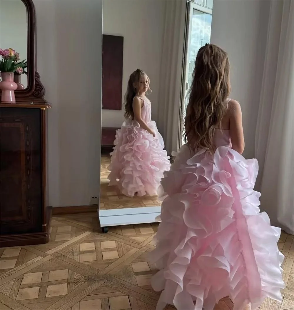 Custom Luxury Dress FlowerGirl Wedding Pageant Pink V Neck Ruffle Tulle Kid Luxe Birthday Guest Evening Runway Show Ball Gown