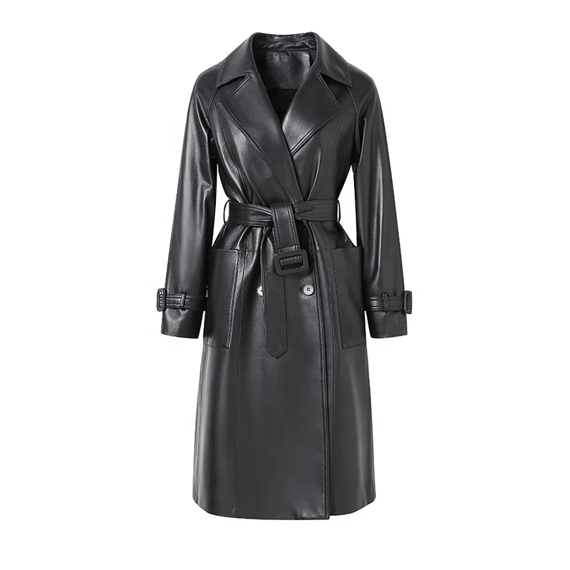 

Fashion Design Autumn Winter Leather Trench Coat Real Sheepskin Long Leather Jackets Women