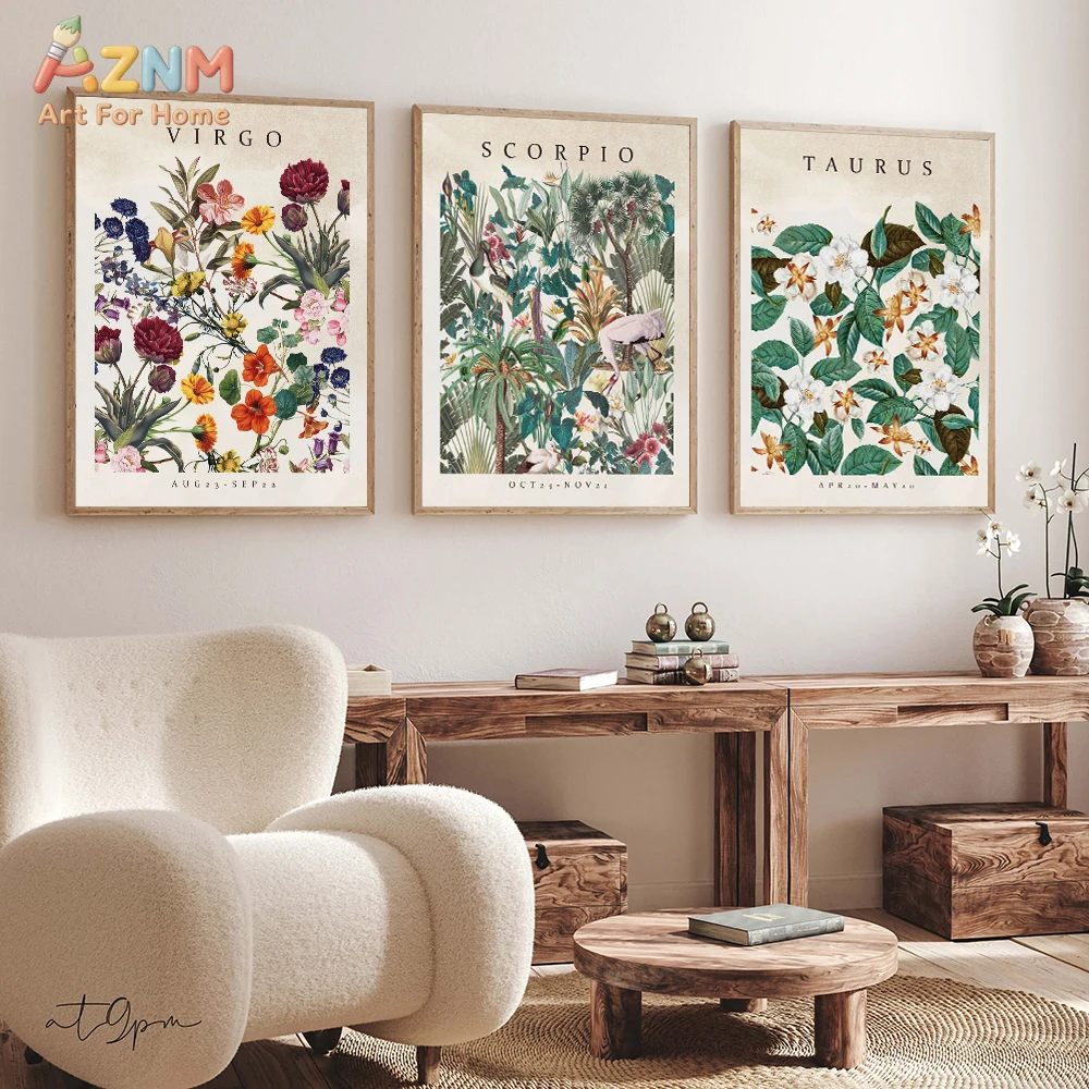 AZNM Arte de pared en lienzo con diseño floral vintage del zodíaco, impresiones de constelaciones de flores botánicas (Virgo, Escorpio, Tauro), arte de pared retro con motivos de plantas
