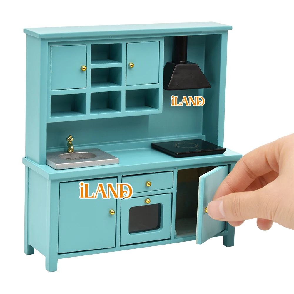 iLAND Wooden Dollhouse Furniture Modern Kitchen Cabinet with Sink, Oven, Range Hood and Induction Cooker