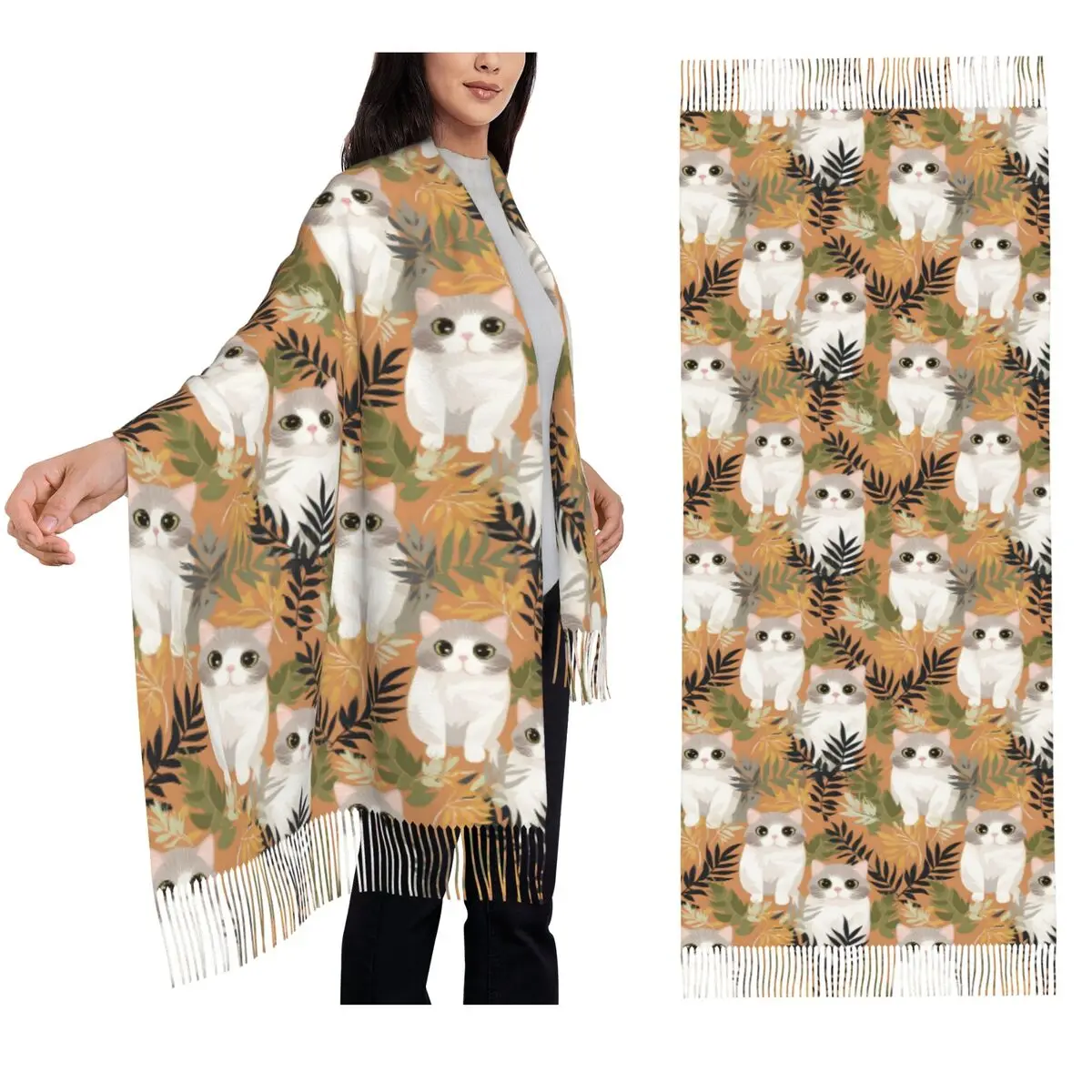Gray Ginger And Siamese Kittens Cats Scarf Tassel Scarves Women Soft Warm Shawls and Wraps Large Fall Winter Shawl Wrap