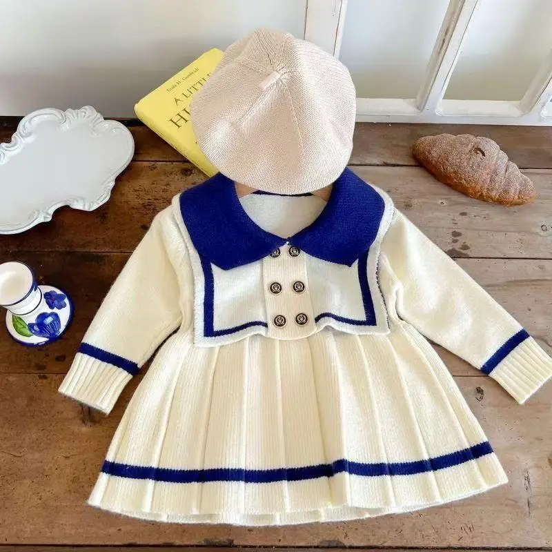 

Girls' Autumn Dress Navy Style Dress Spring and Autumn Baby Fashion Princess Pleated Dress Children's Knitted Dress 80-120CM