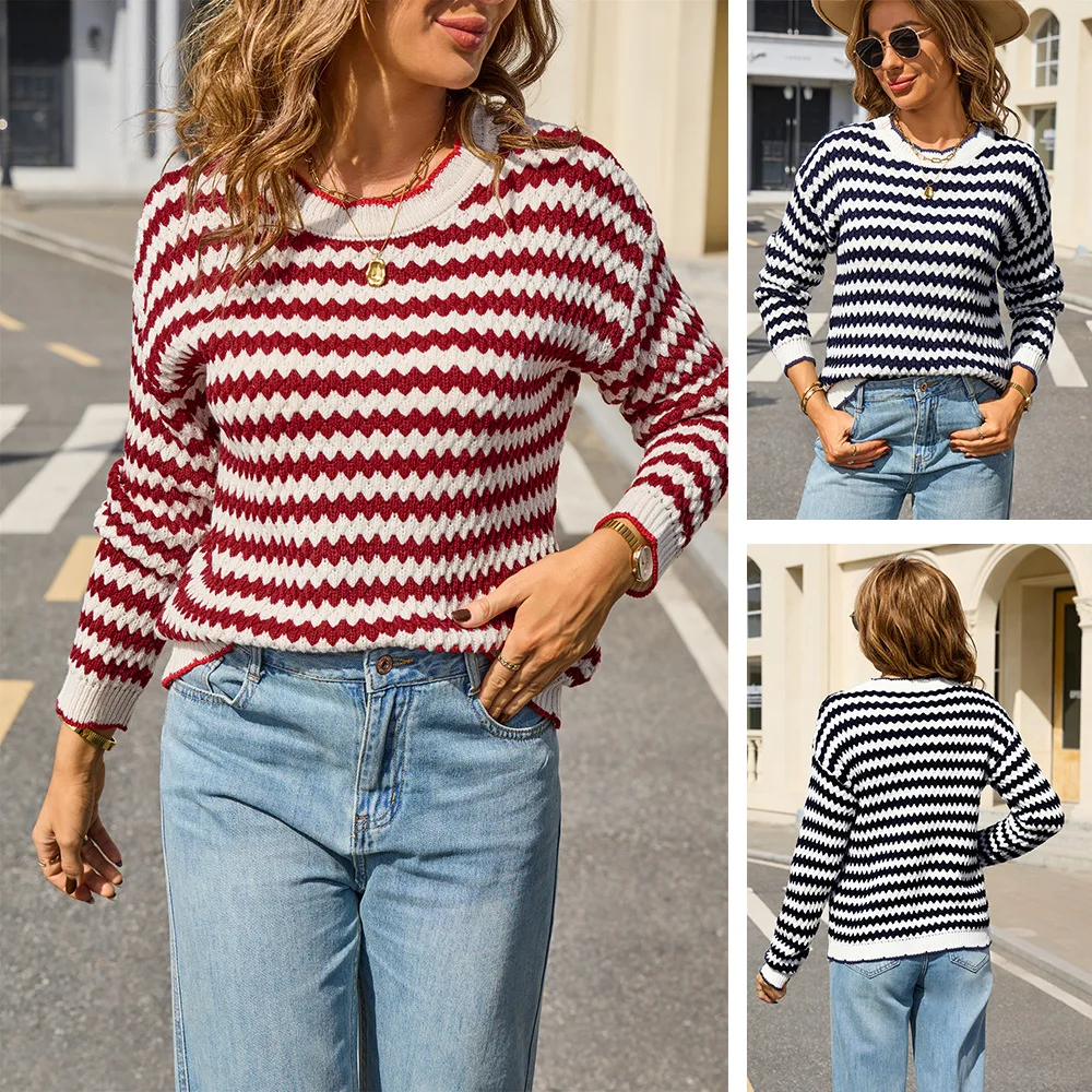 

Pullovers Women Sweaters Striped Knitted Round Neck Full Sleeve Jumpers Y2k Streetwear Elegant Splice Knit Work Autumn Winter