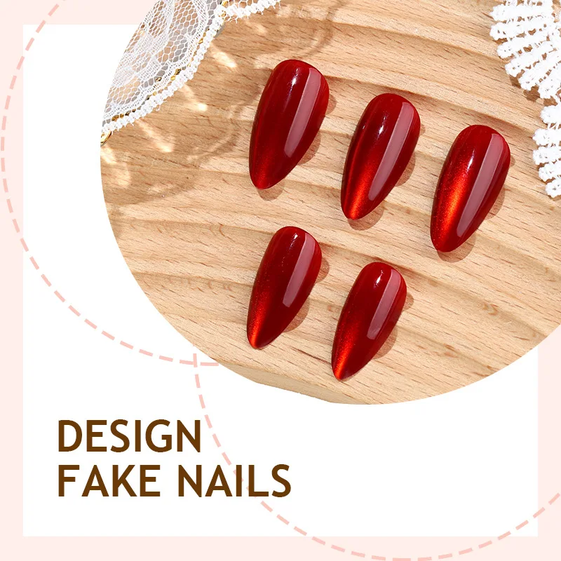 24枚入り グリッターレッドキャットアイアーモンド型付け爪 秋冬フレンチピュアカラーつけ爪 取り外し可能 シンプルネイルマニキュア